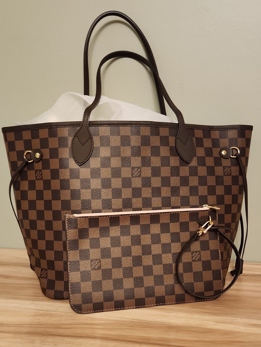 Brown Checkered Tote Bag with Wristlet - Designer Style